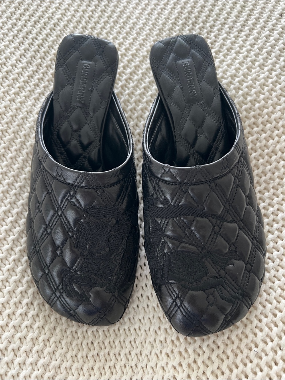Burberry Black Quilted Leather Embroidered Slide Mules